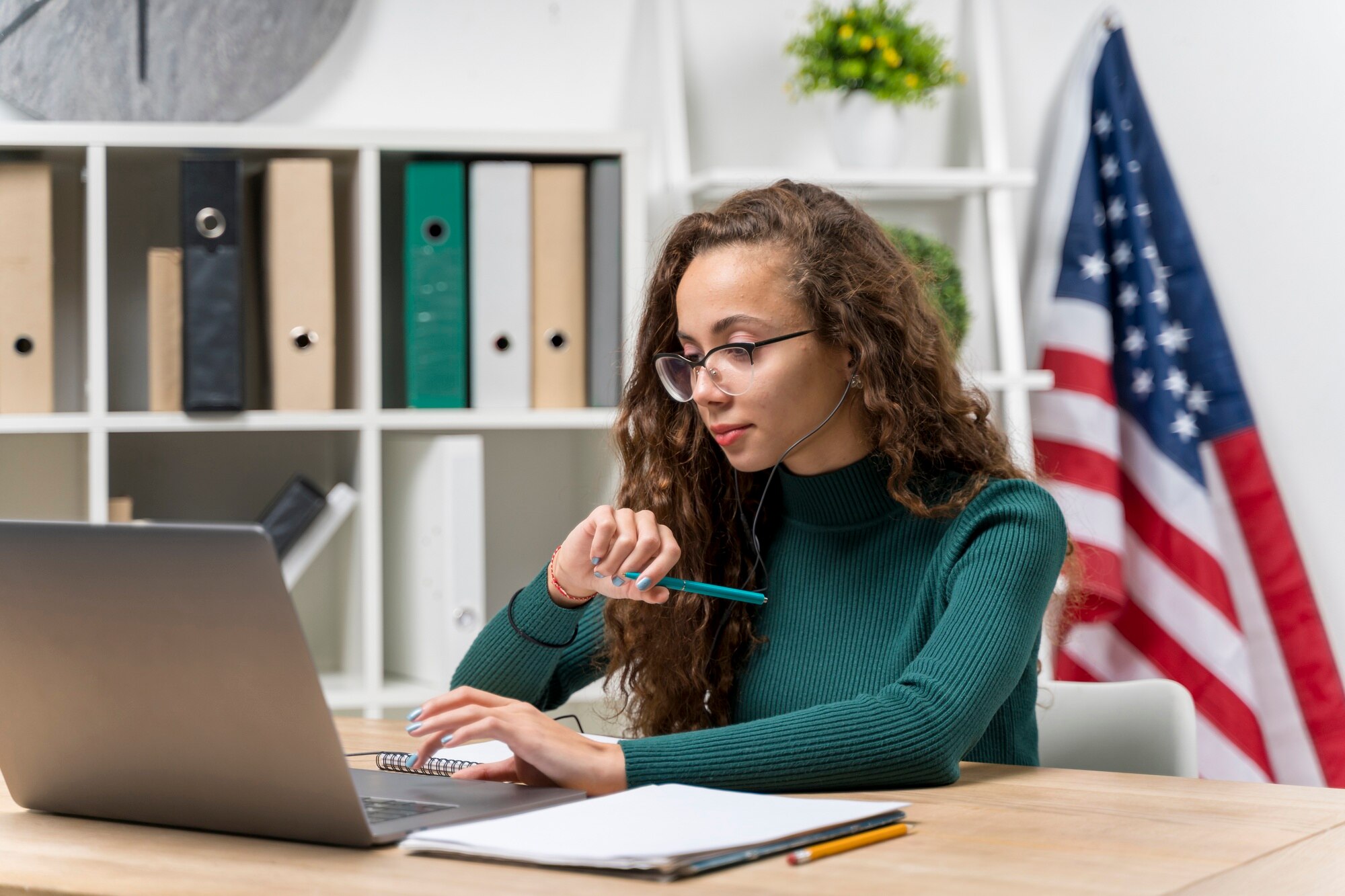 medium shot girl with laptop headphones studying 23 2148389062